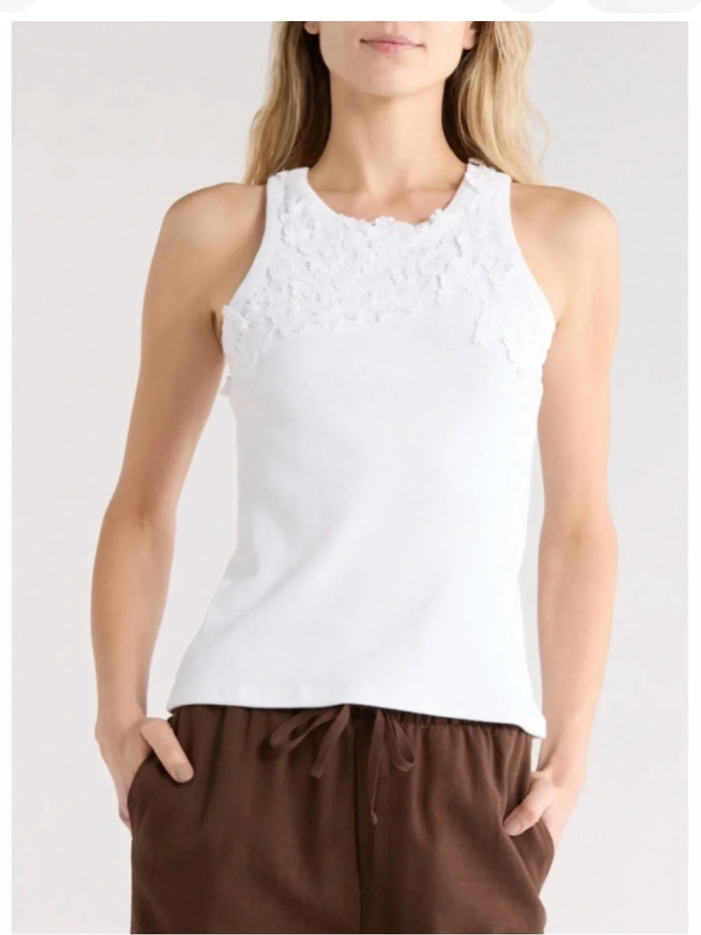 Caroline Constas White Floral Applique Ribbed Tank Top Large
